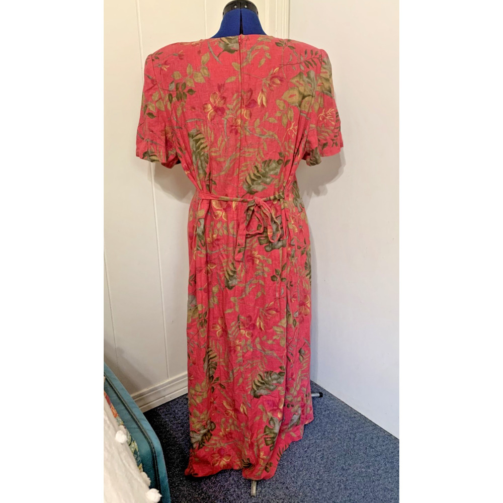 Vintage Lisa II Linen Maxi Dress 18W Pink FLoral Cottagecore Prairie 80's - Picture 3 of 8